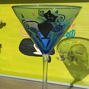 Handpainted Black Cat MCM Inspired Blue Martini Glass